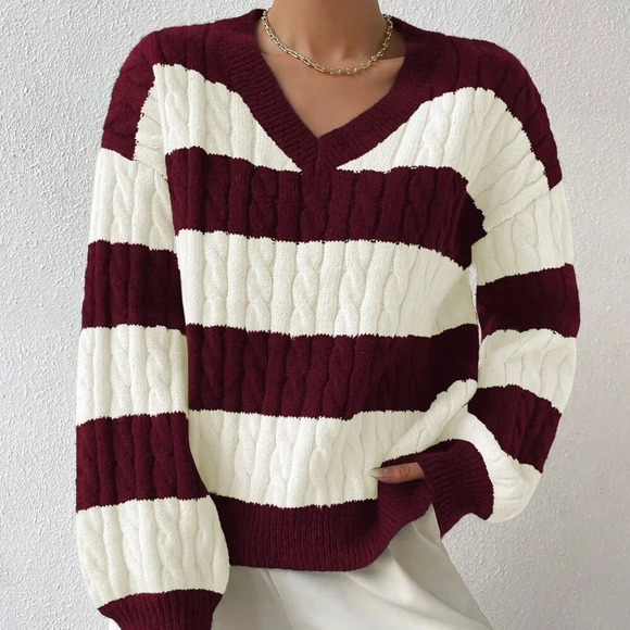 Red Violet Casual Women's Two Tone Cable Knit Drop Shoulder Sweater - Picture 5 of 6